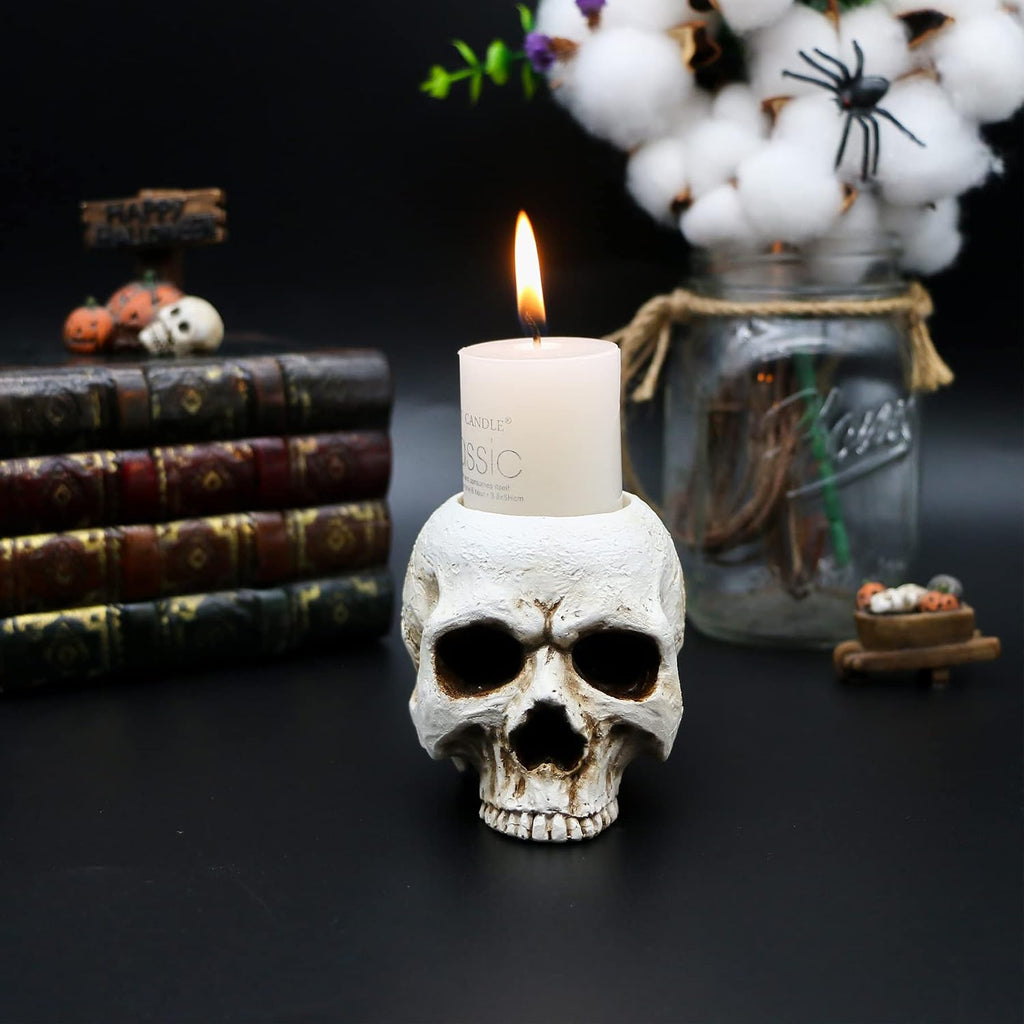 Skull Tealight Candle Holder - Antique White Resin