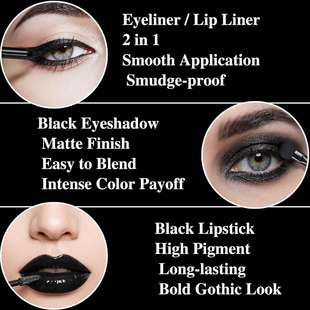 Black Witch Makeup Set: Eyeshadow Palette, Liquid Lipstick and Eyeliner