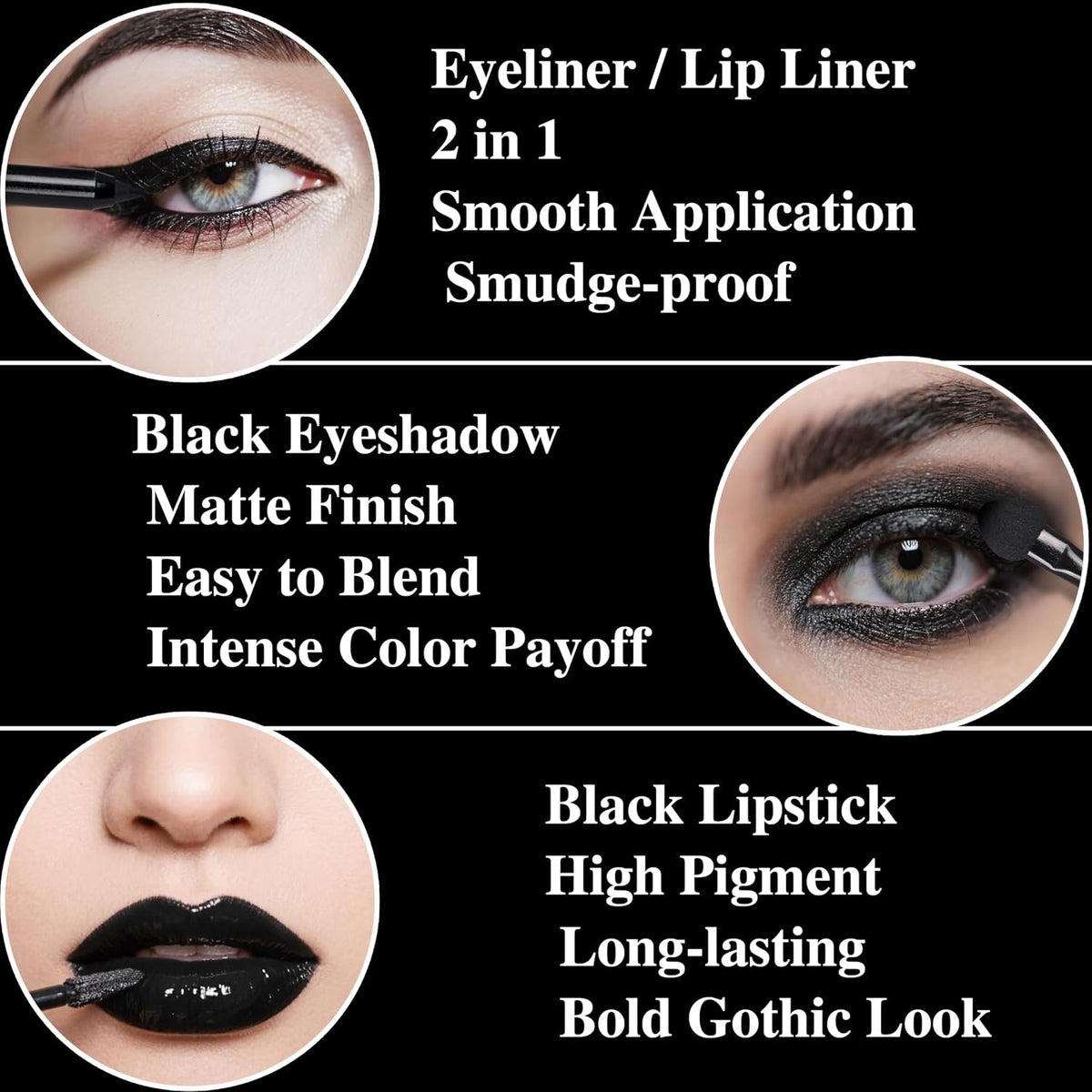 Black Witch Makeup Set: Eyeshadow Palette, Liquid Lipstick and Eyeliner