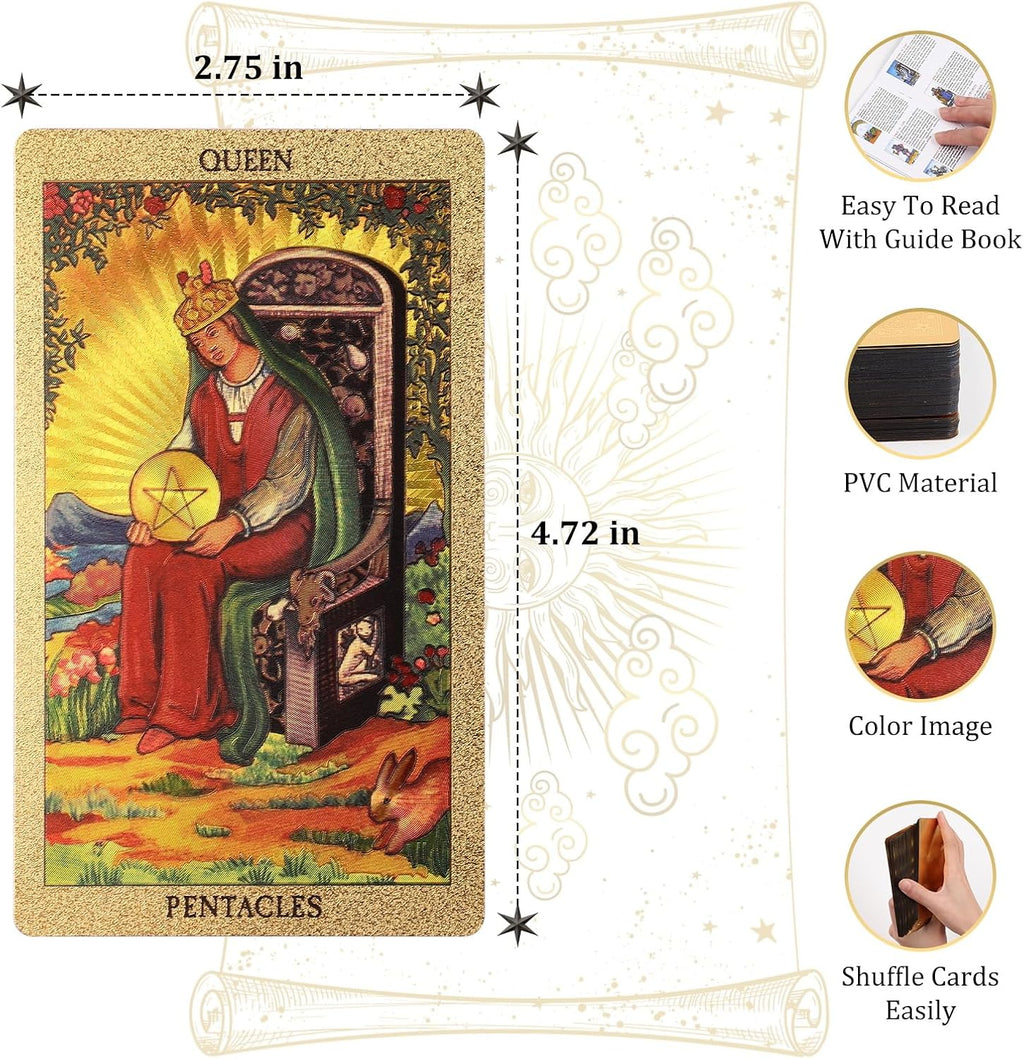 Gold Foil Tarot Deck - Rider-Waite Style, 78 PVC Cards with Guidebook