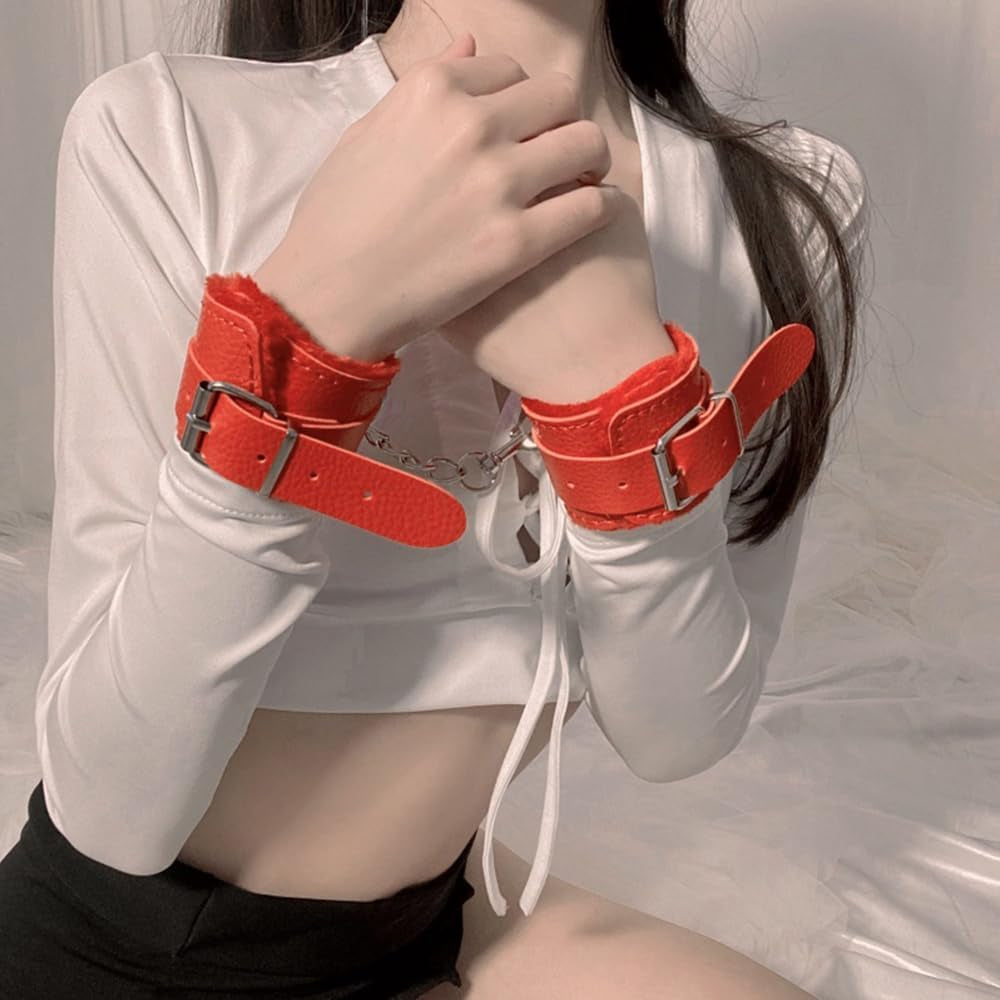 Red Fluffy Handcuffs with Satin Eye Mask