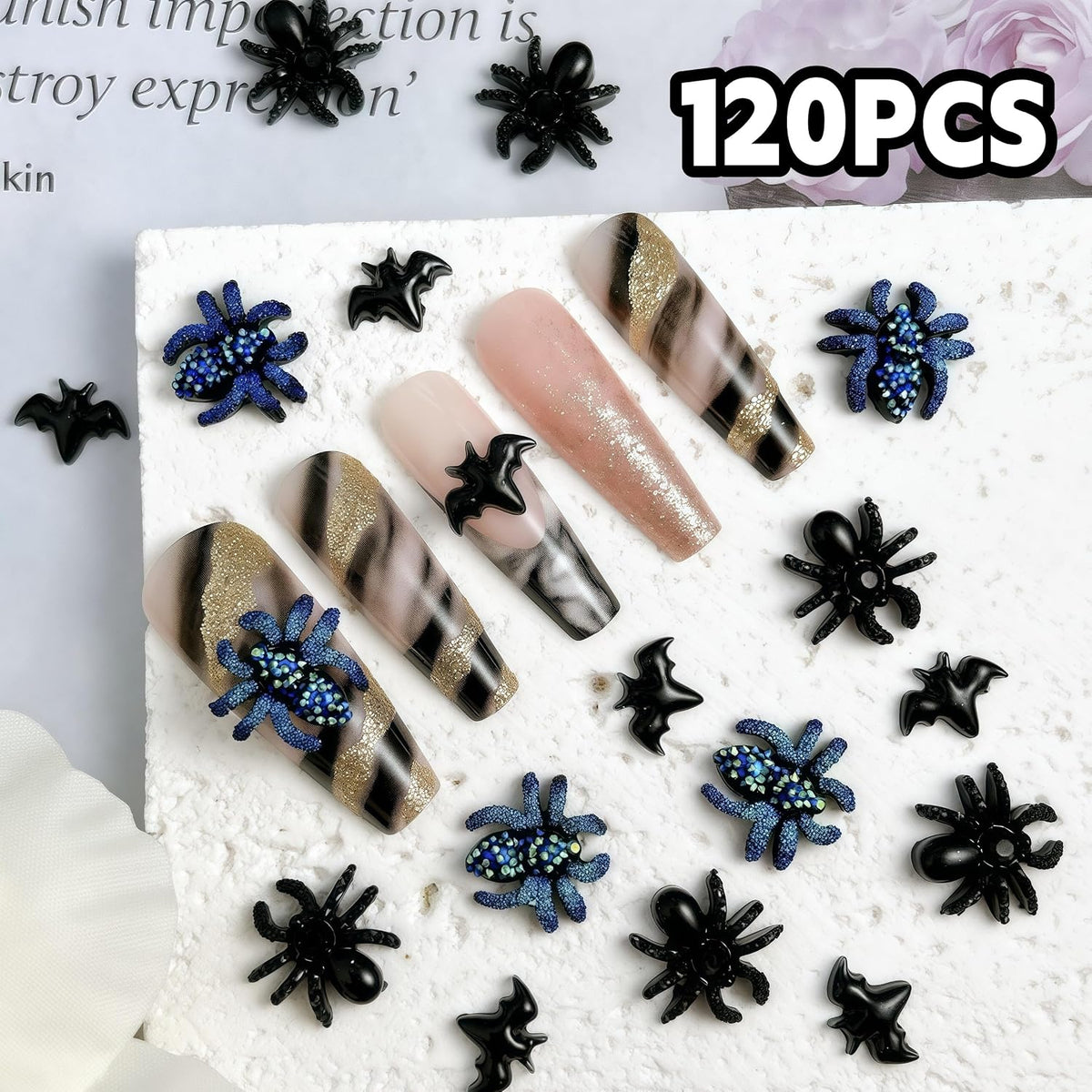 120 Piece Black Bat and Spider Resin Nail Charms