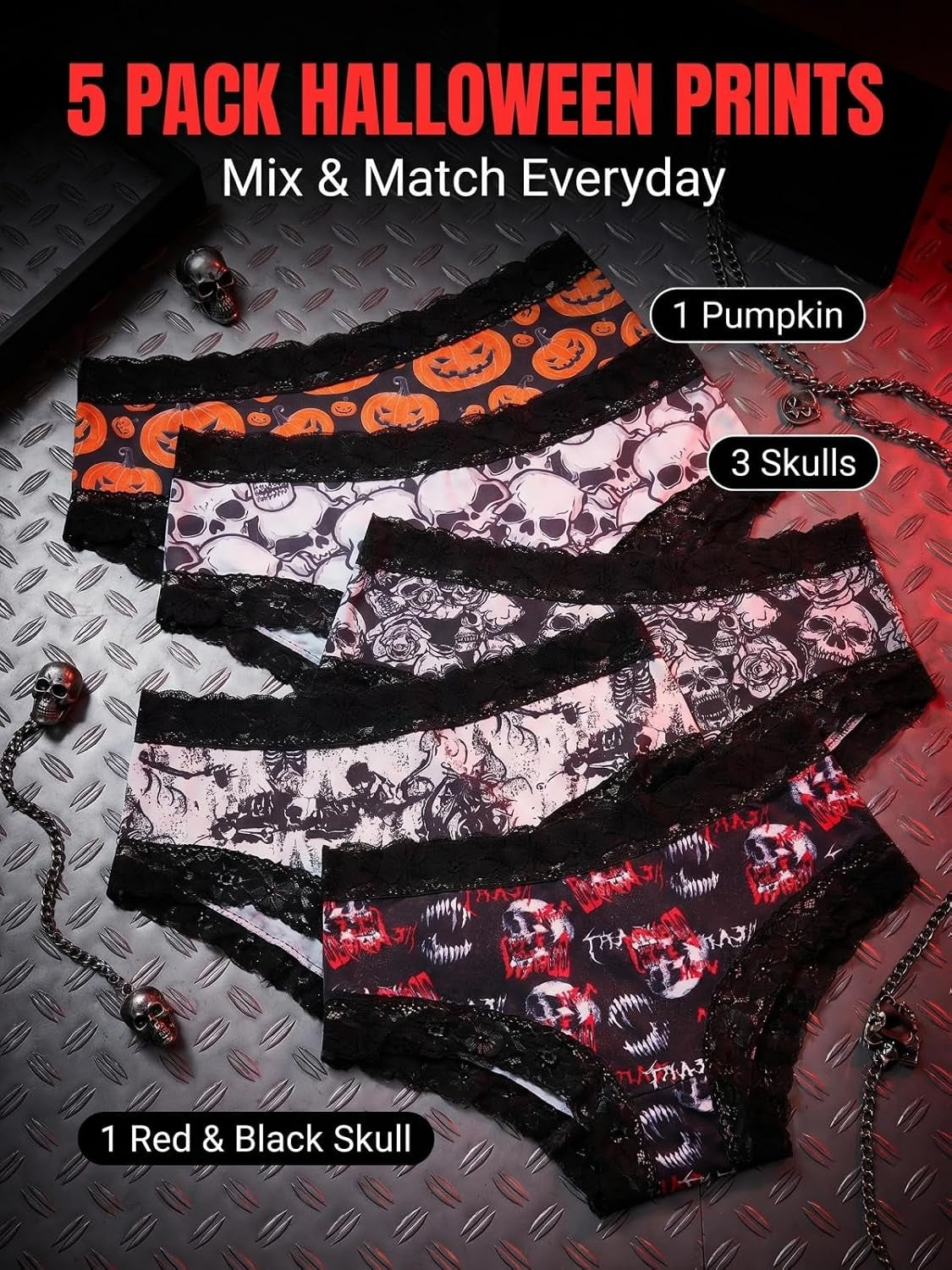 Halloween Printed Lace Trim Bikini Briefs for Women, 5 Pack, Gothic Skull and Pumpkin Panties, Soft Breathable, S-XXL