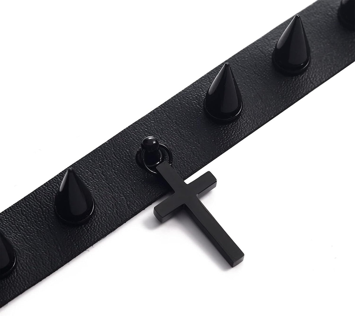 Spiked Moon & Cross Choker - Black Leather, Stainless Steel Pendant