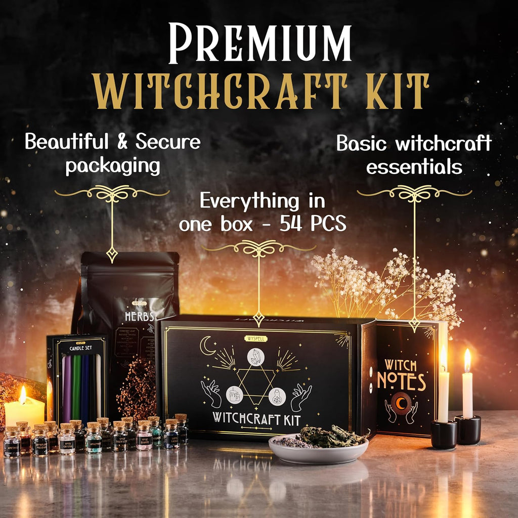 Witchcraft Starter Kit with Spell Candles, Herbs and Crystals, 54 Pieces