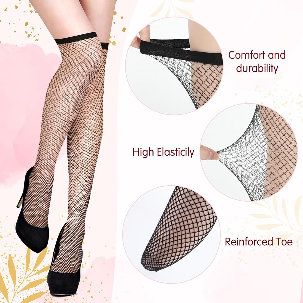Black Fishnet Knee High Stockings, 4 Pair