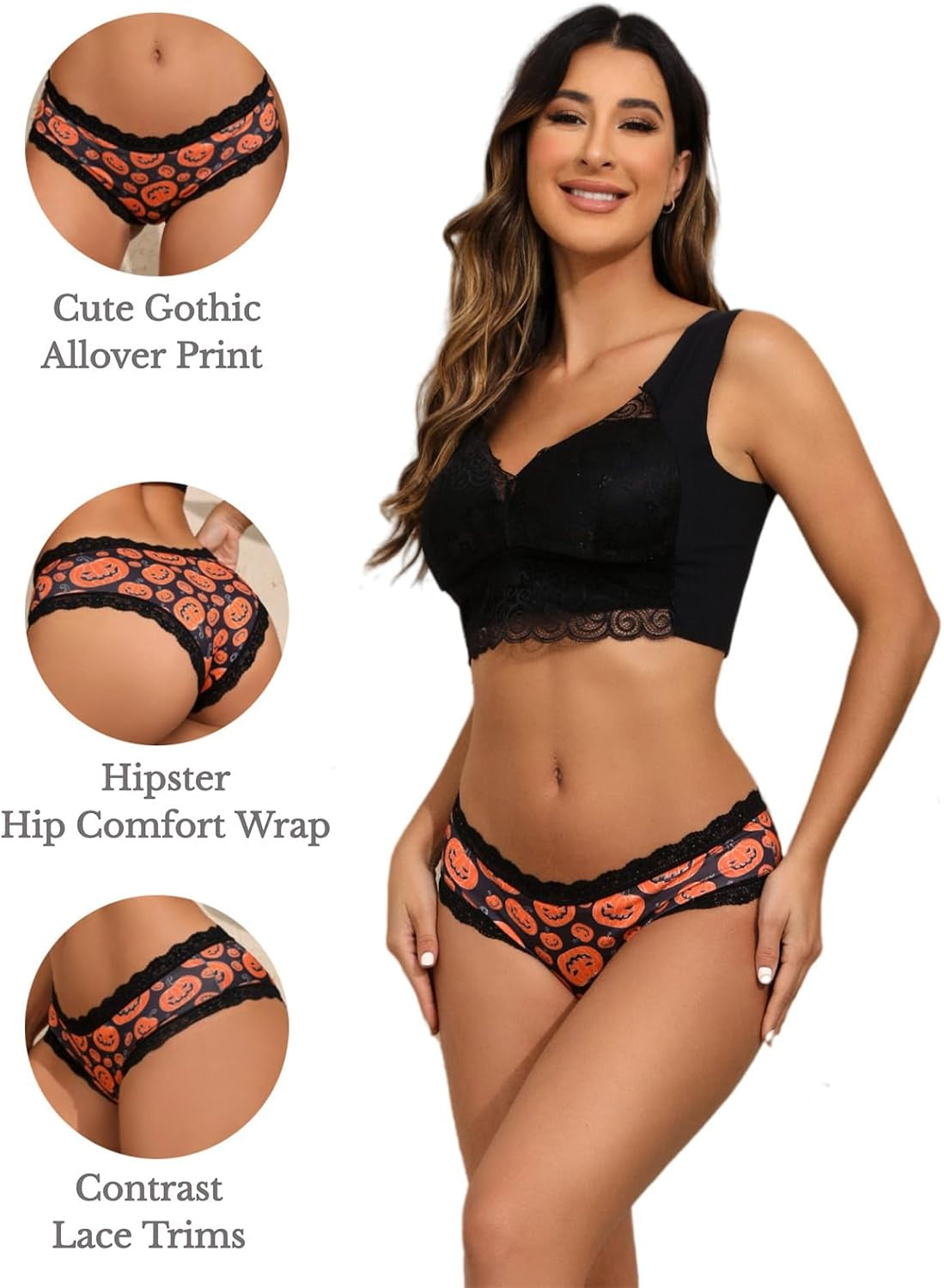 6Pcs Women Underwear Gothic Sexy Halloween Skulls Roses Allover Print Contrast Lace Hipsters Panties