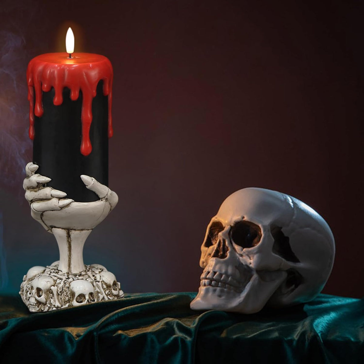 Black Flameless Candle with Skeleton Hand Holder