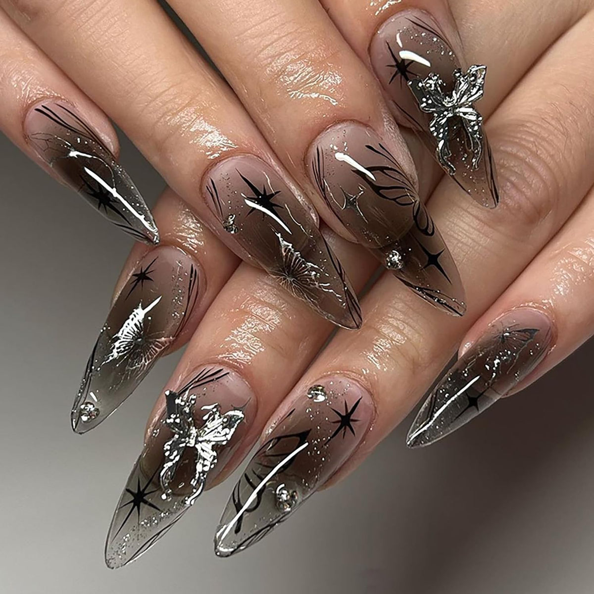 Black Almond Press-On Nails with 3D Butterfly Charms