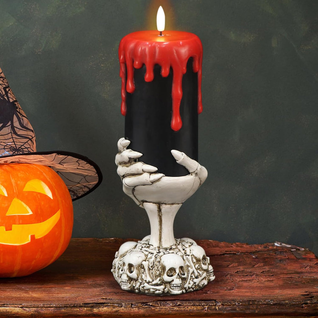 Black Flameless Candle with Skeleton Hand Holder