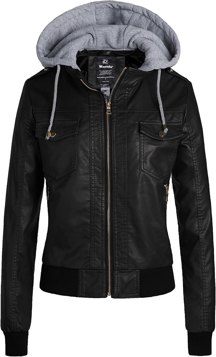 Women'S Faux Leather Moto Jacket with Removable Hood