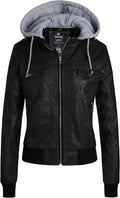 Women'S Faux Leather Moto Jacket with Removable Hood