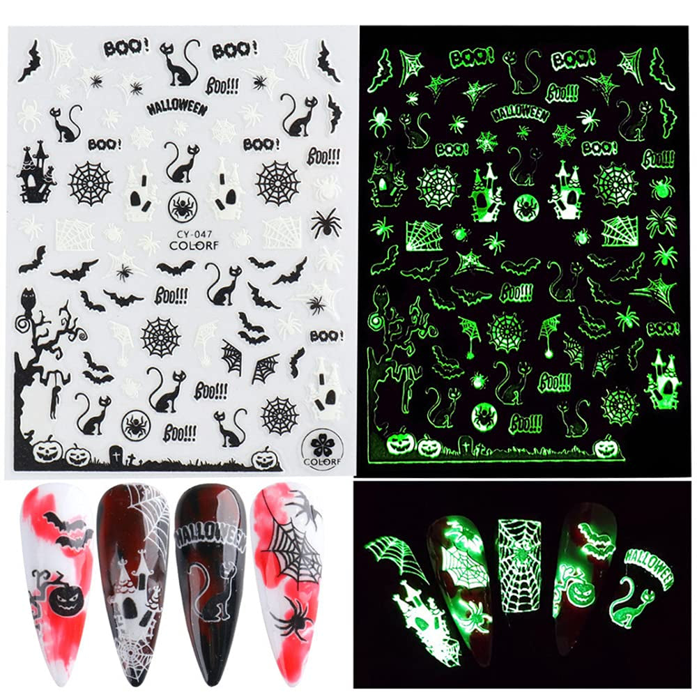 Luminous 3D Skull and Bat Nail Stickers, 6 Sheets