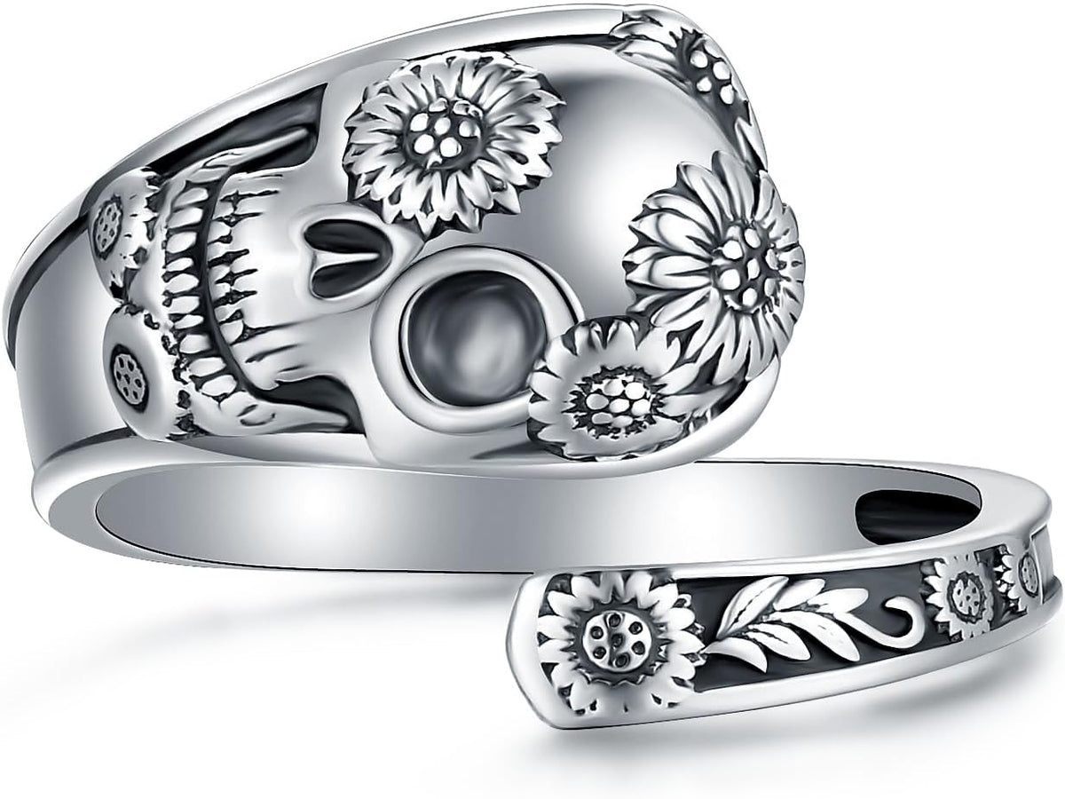 Sterling Silver Gothic Skull Spoon Ring