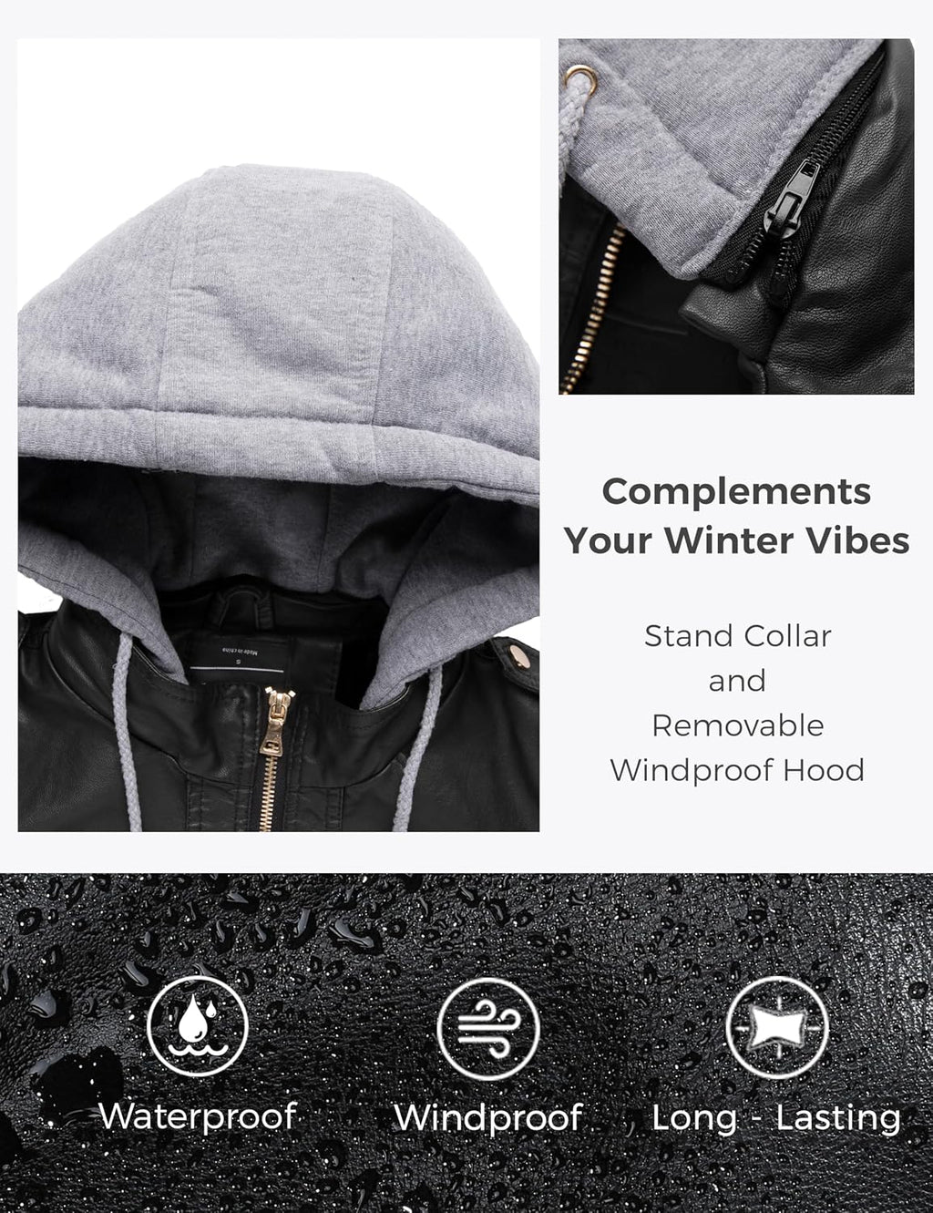 Women'S Faux Leather Moto Jacket with Removable Hood