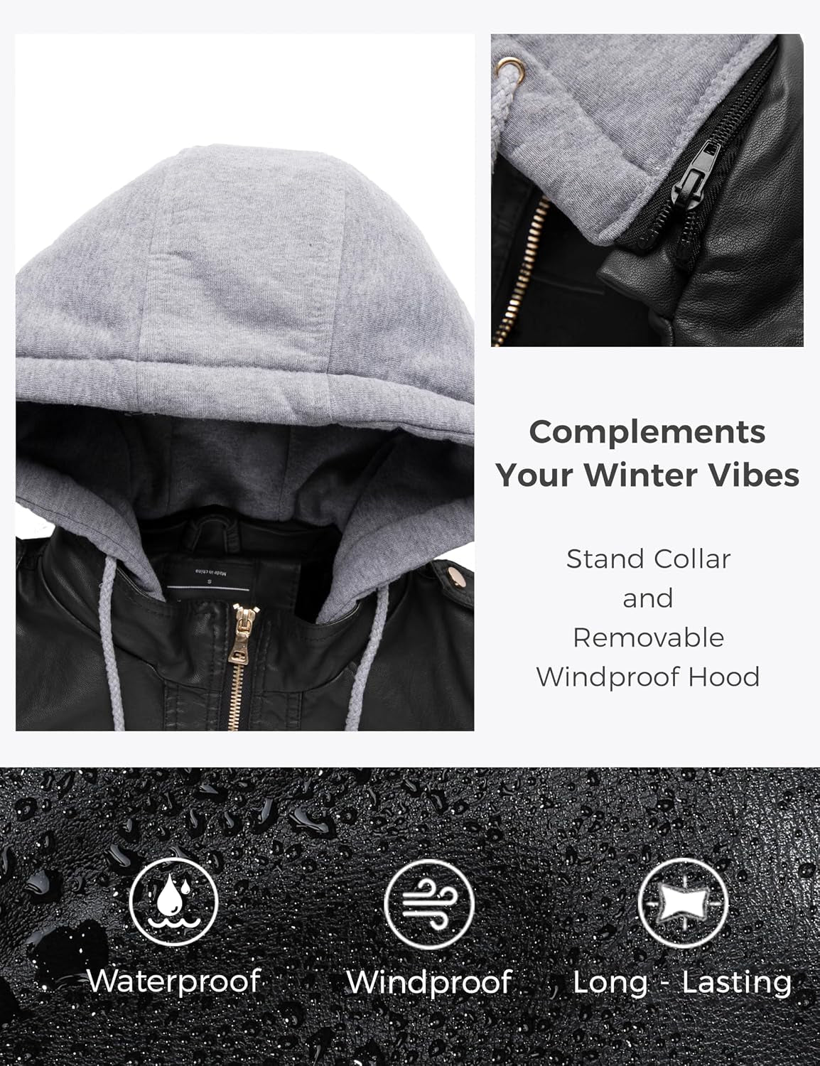 Women'S Faux Leather Moto Jacket with Removable Hood