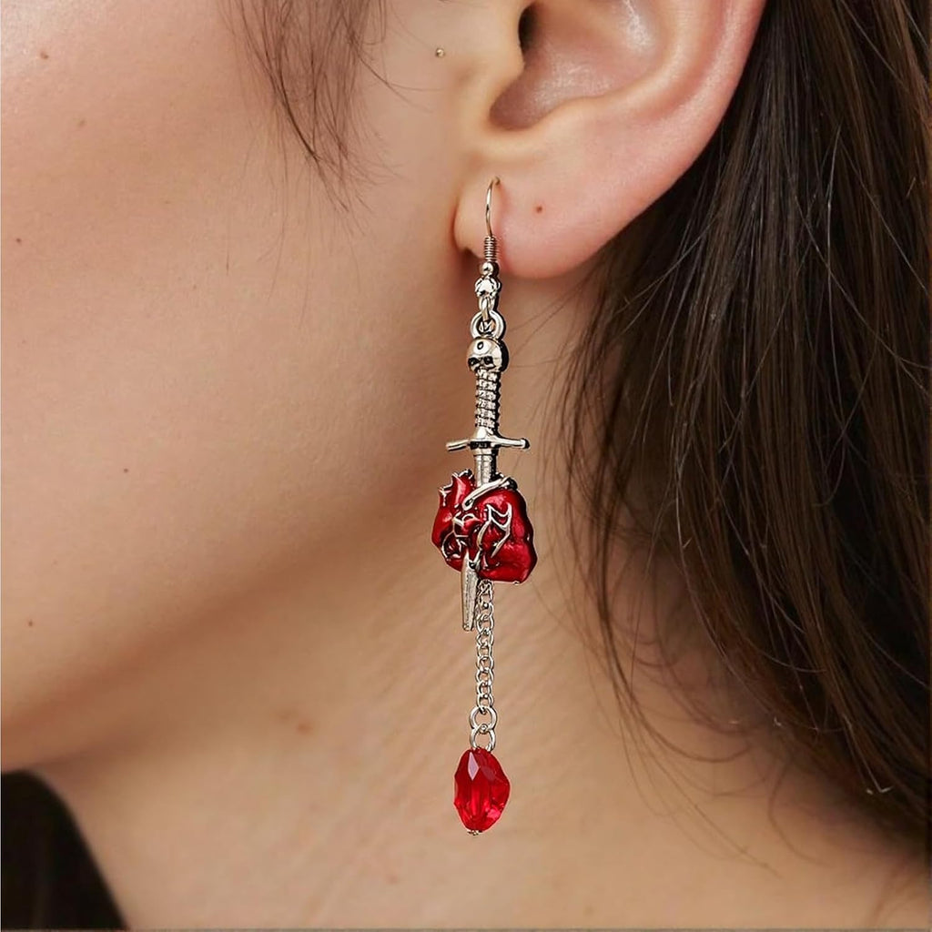 Flower Skull Dangle Earrings - Red