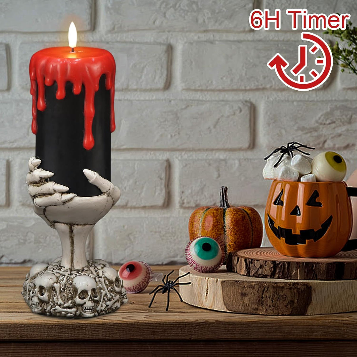 Black Flameless Candle with Skeleton Hand Holder