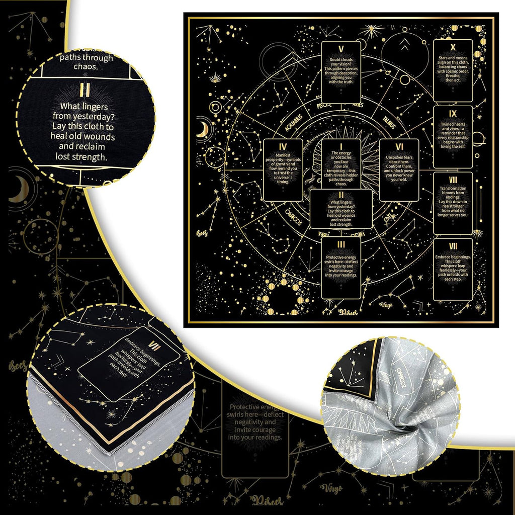 Celestial Tarot Cloth - Black & Gold, Double-Sided