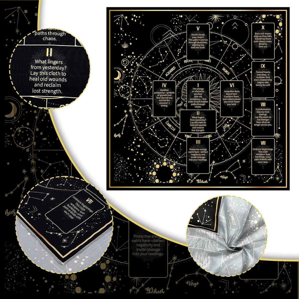 Celestial Tarot Cloth - Black & Gold, Double-Sided