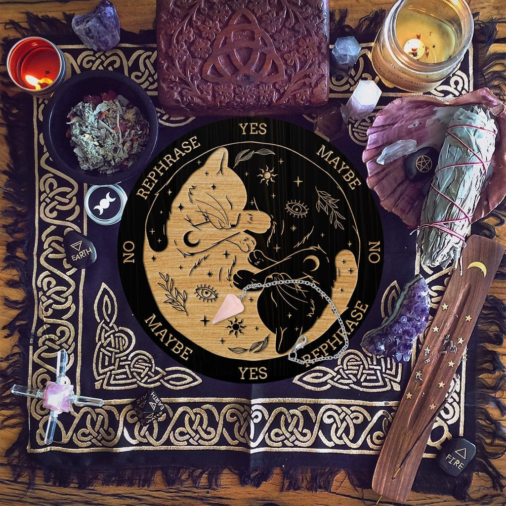 Cat, Sun & Moon Pendulum Board with Rose Quartz Pendulum