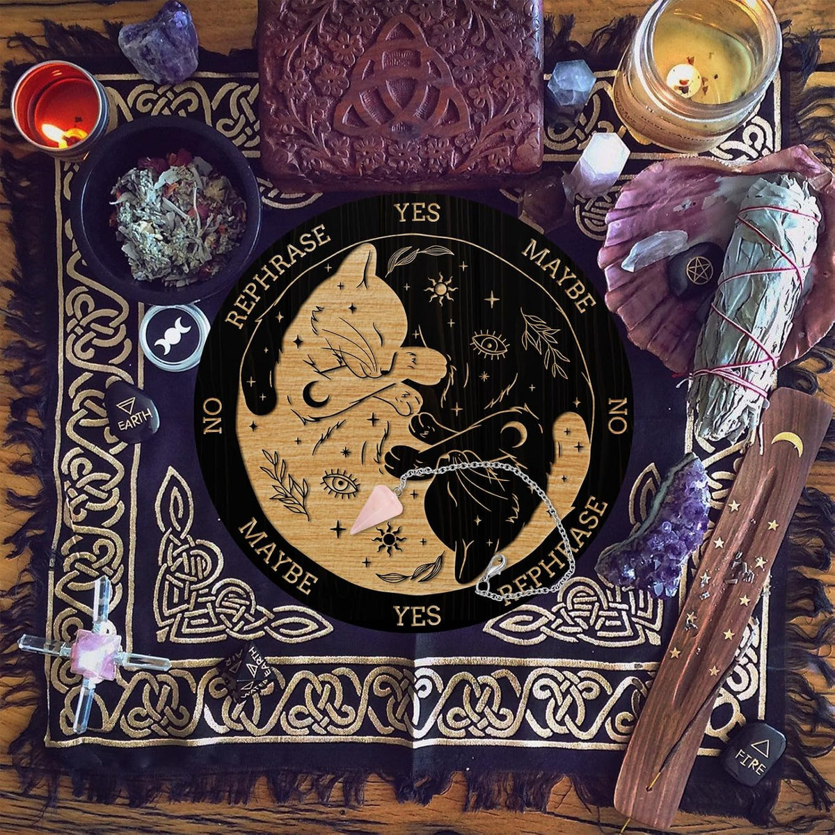 Cat, Sun & Moon Pendulum Board with Rose Quartz Pendulum