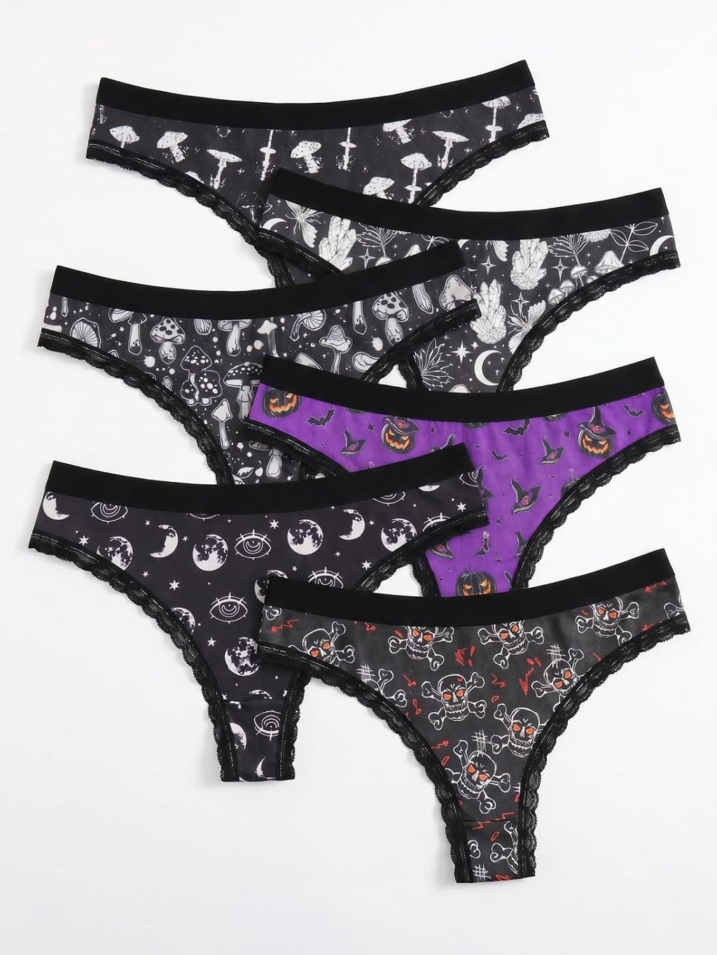 6 Pack Women'S Halloween Gothic Punk Skull Print Thongs, Low Rise Lace Trim Soft Y2K Panties Underwear