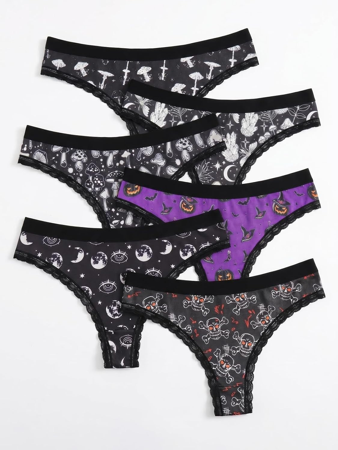 6 Pack Women'S Halloween Gothic Punk Skull Print Thongs, Low Rise Lace Trim Soft Y2K Panties Underwear
