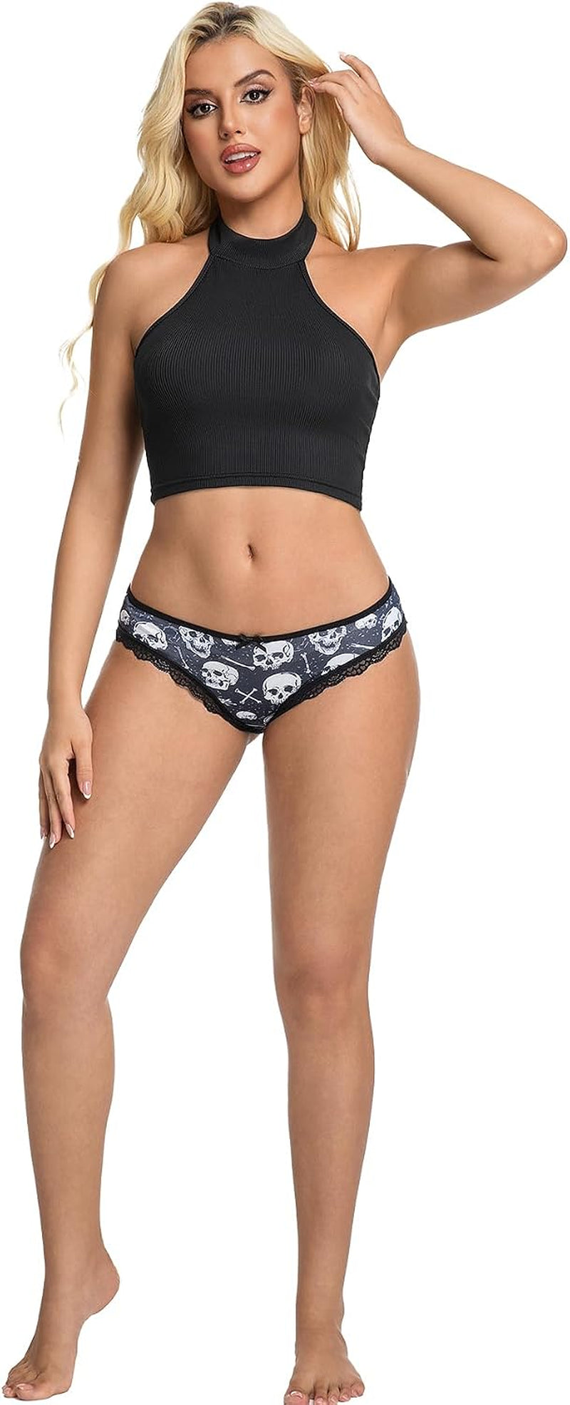OUKAILYN 6-Pack Gothic Thong Panties, Sexy Skull and Rose Print Lace Trim G-String, Mid-Rise Emo Alt Aesthetic Underwear