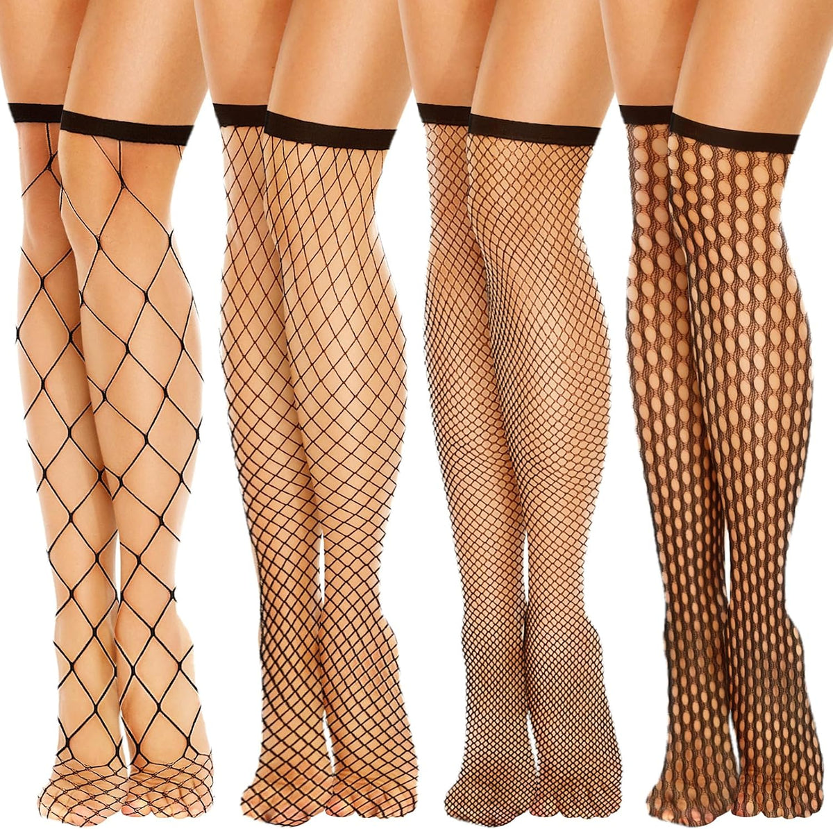 Black Fishnet Knee High Stockings, 4 Pair