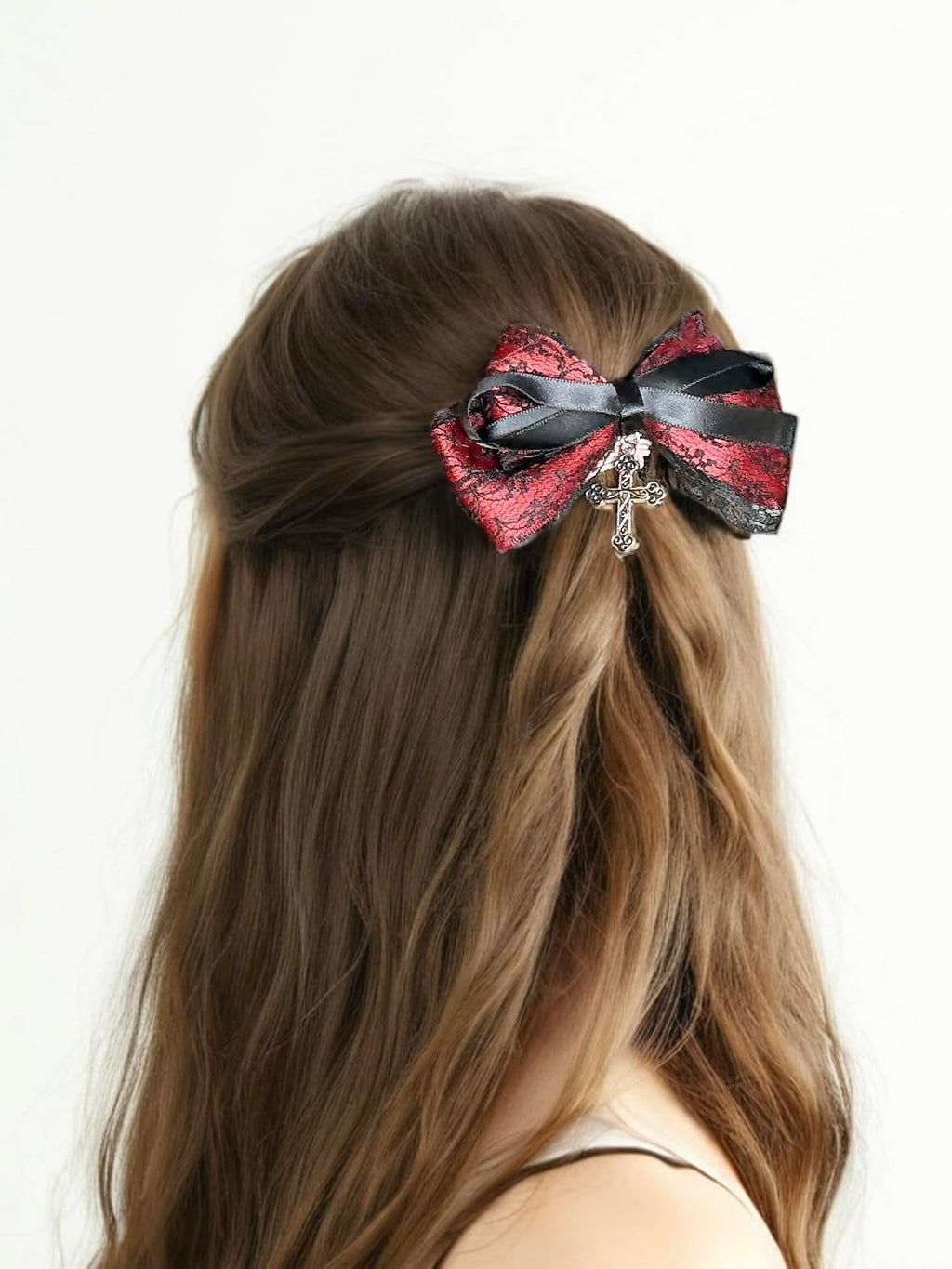 Gothic Black Lace and Red Bow Hair Clips with Cross, 2 Piece