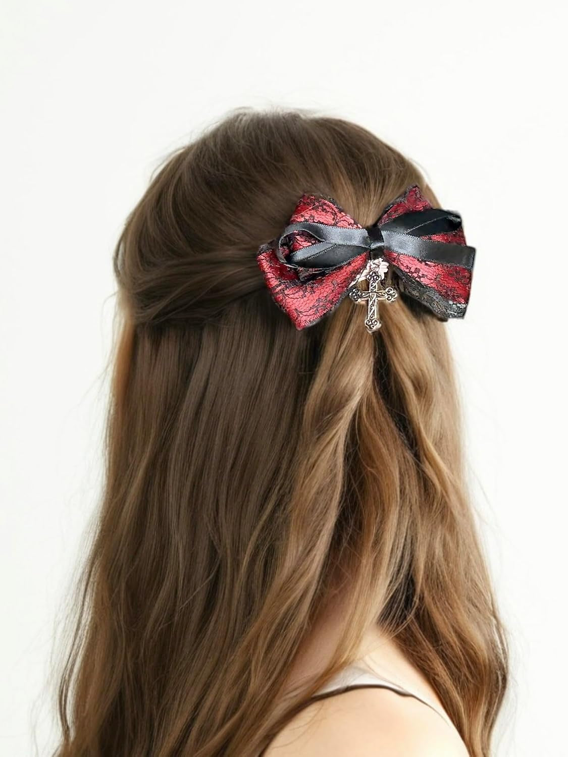 Gothic Black Lace and Red Bow Hair Clips with Cross, 2 Piece