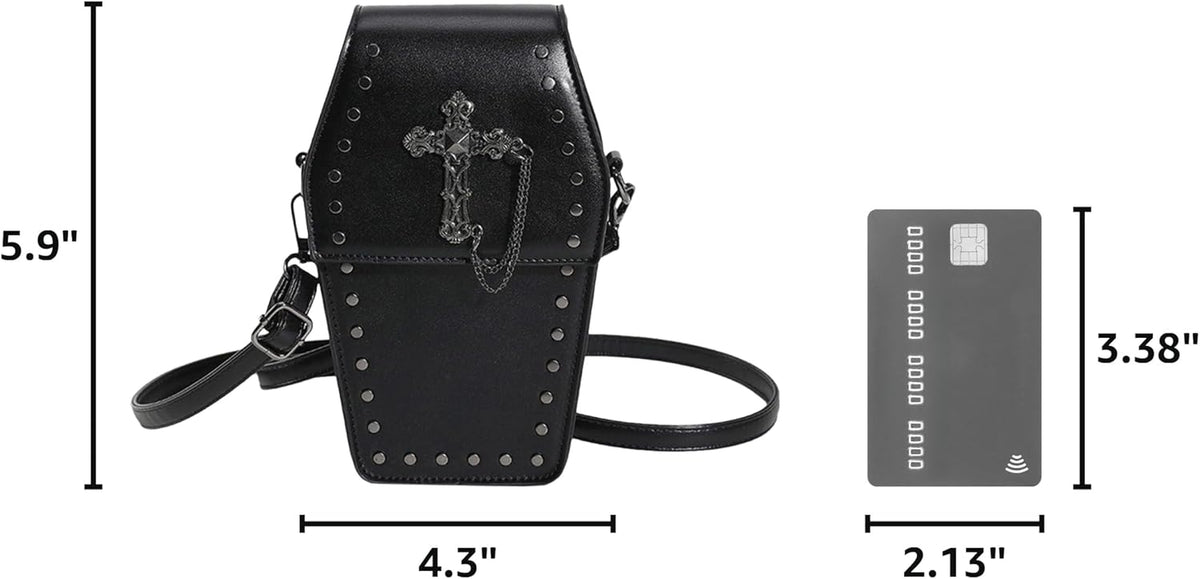 Coffin Crossbody Purse - Black, Cross Print