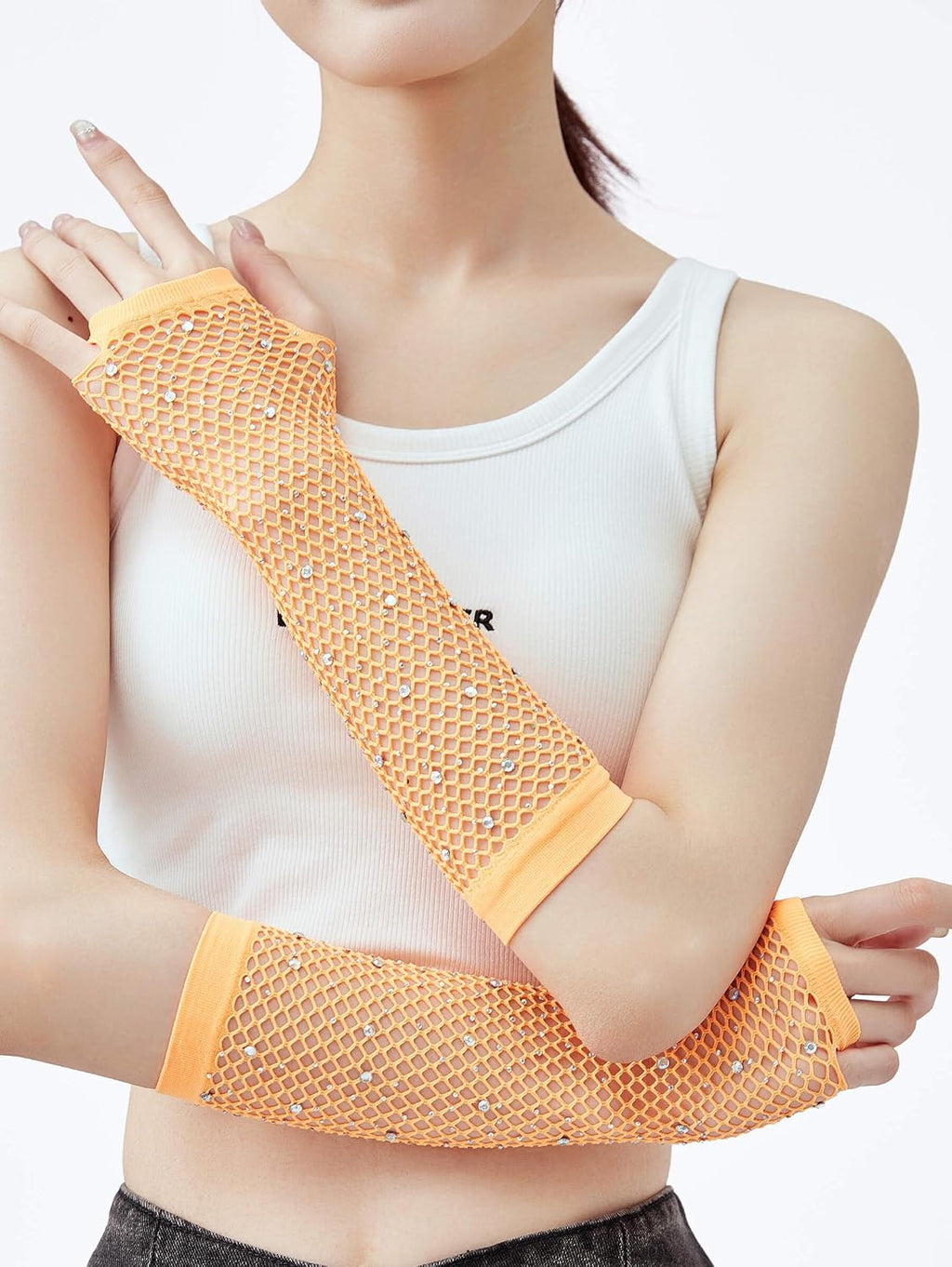 Rhinestone Fishnet Arm Warmers - Fingerless