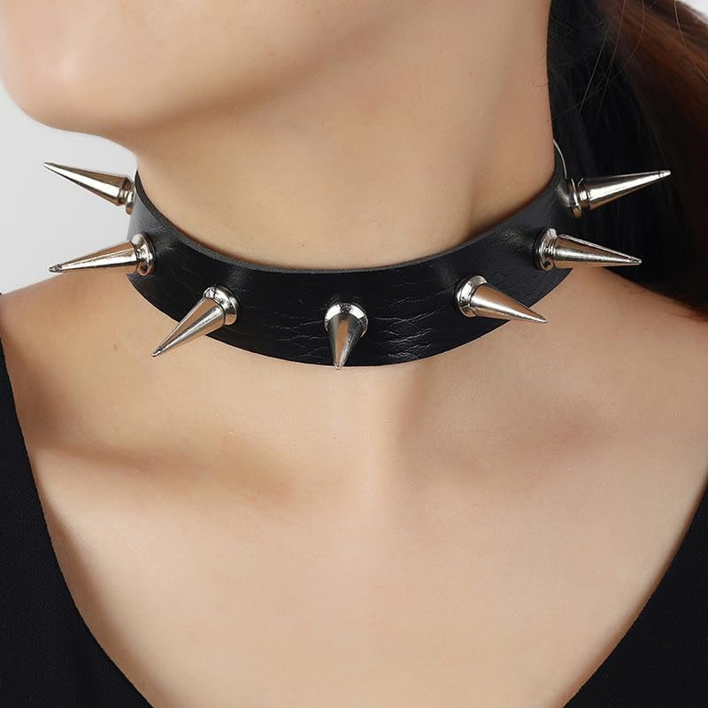 Black Spiked Choker Collar - Faux Leather