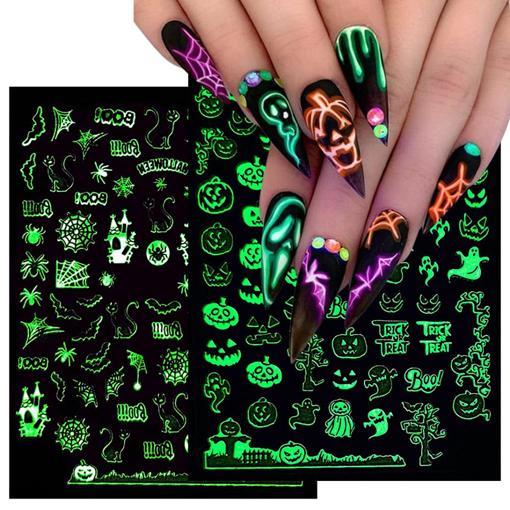 Luminous 3D Skull and Bat Nail Stickers, 6 Sheets