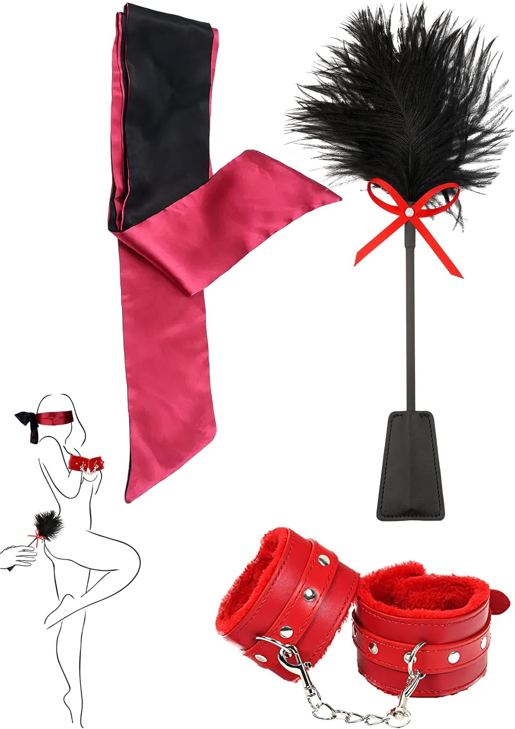 Fluffy Handcuffs with Chain, Feather Tickler and Satin Eye Mask Set
