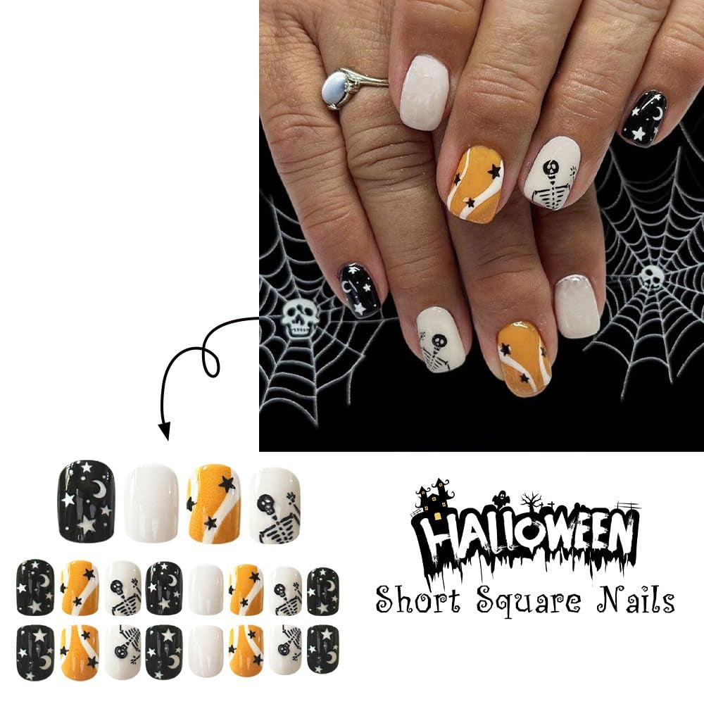 Skull and Stars Press-On Nails, Black and Orange