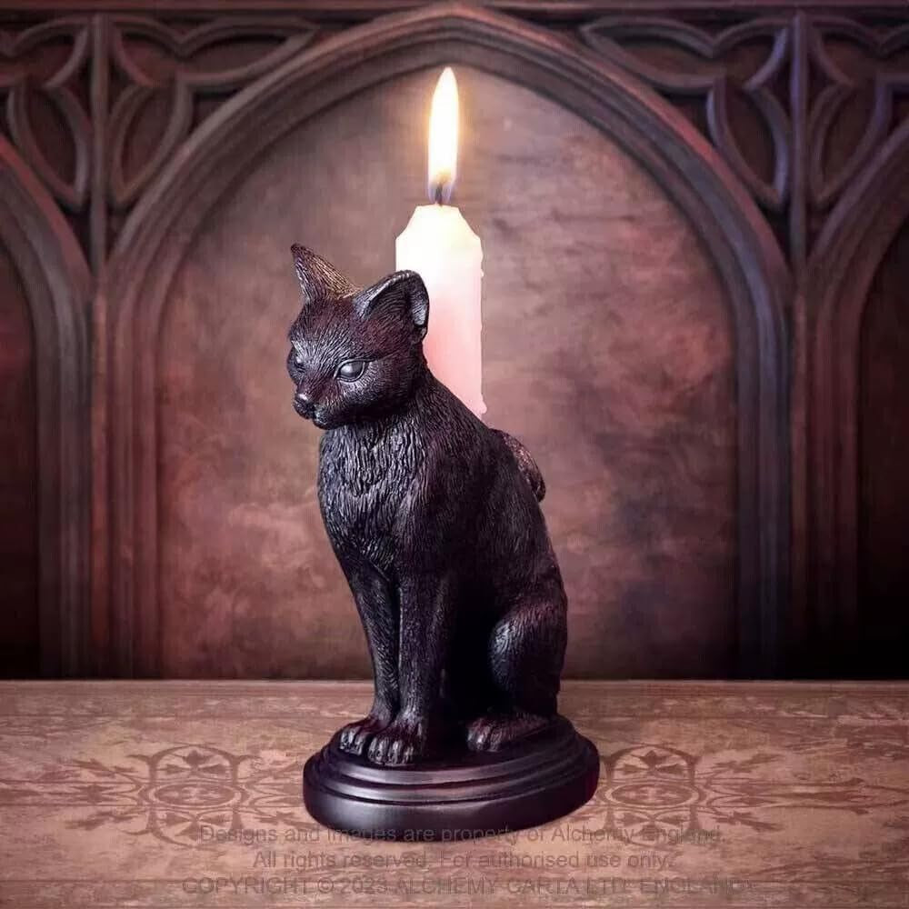 Gothic Black Cat Candle Holder - Resin Statue