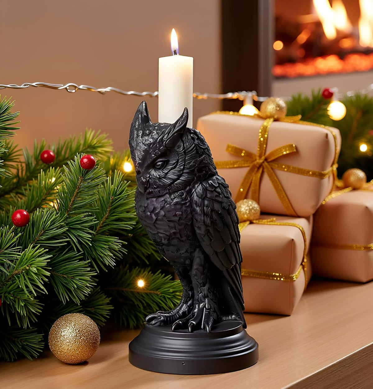 Gothic Black Owl Candle Holder - Resin Statue