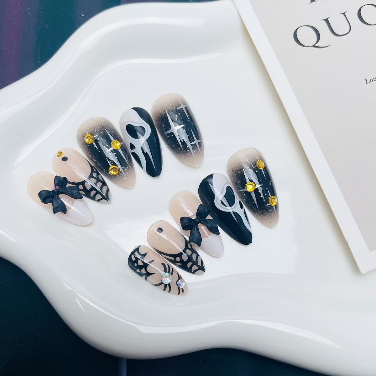 Goth Rhinestone Press-On Nails with Black Bow Charms, Almond