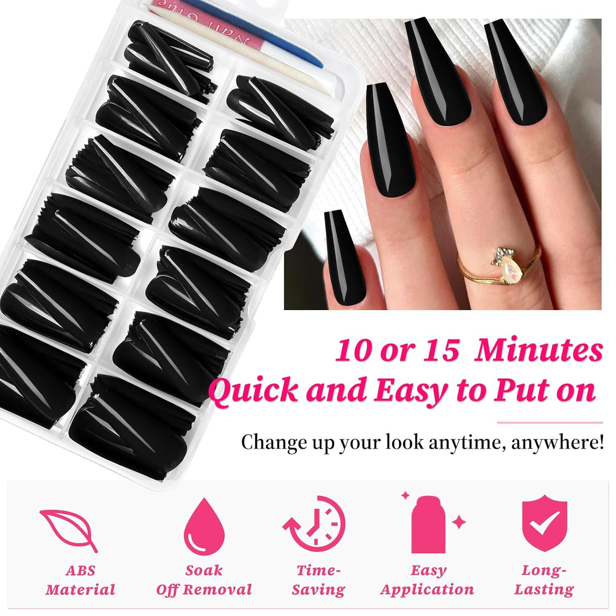 Black Coffin Press-On Nails - 120 Piece Kit