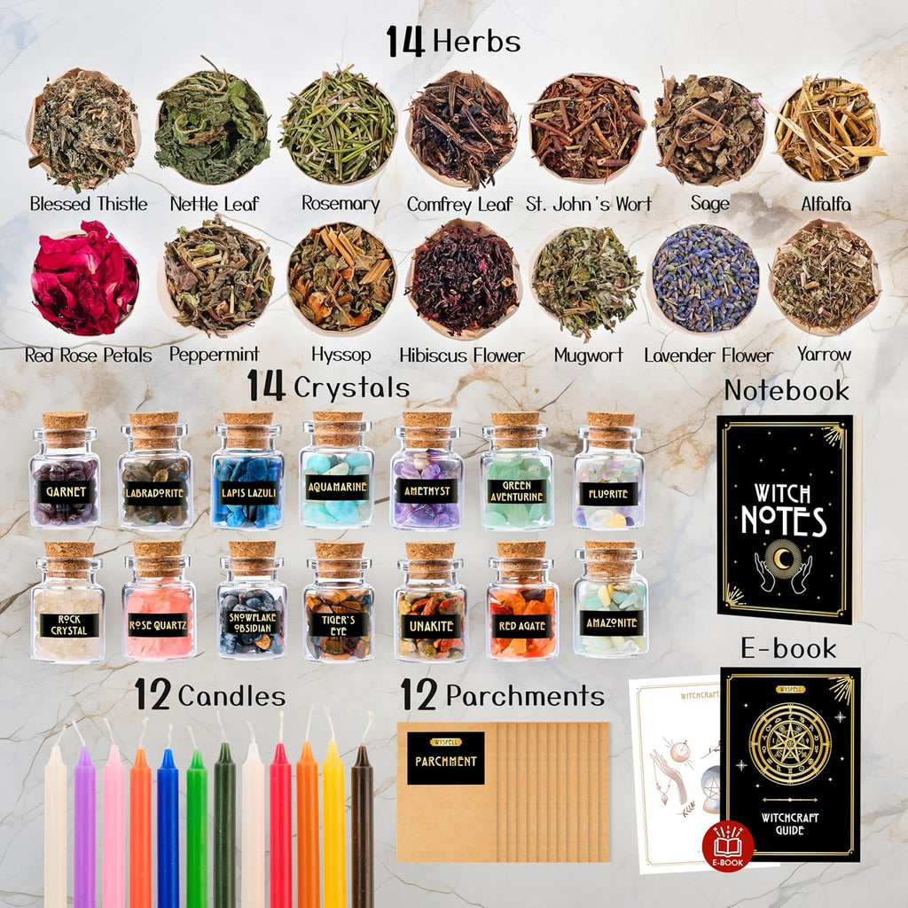 Witchcraft Starter Kit with Spell Candles, Herbs and Crystals, 54 Pieces