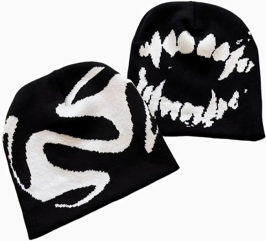 Skull Slouchy Beanie - Black Knit, 2 Pack