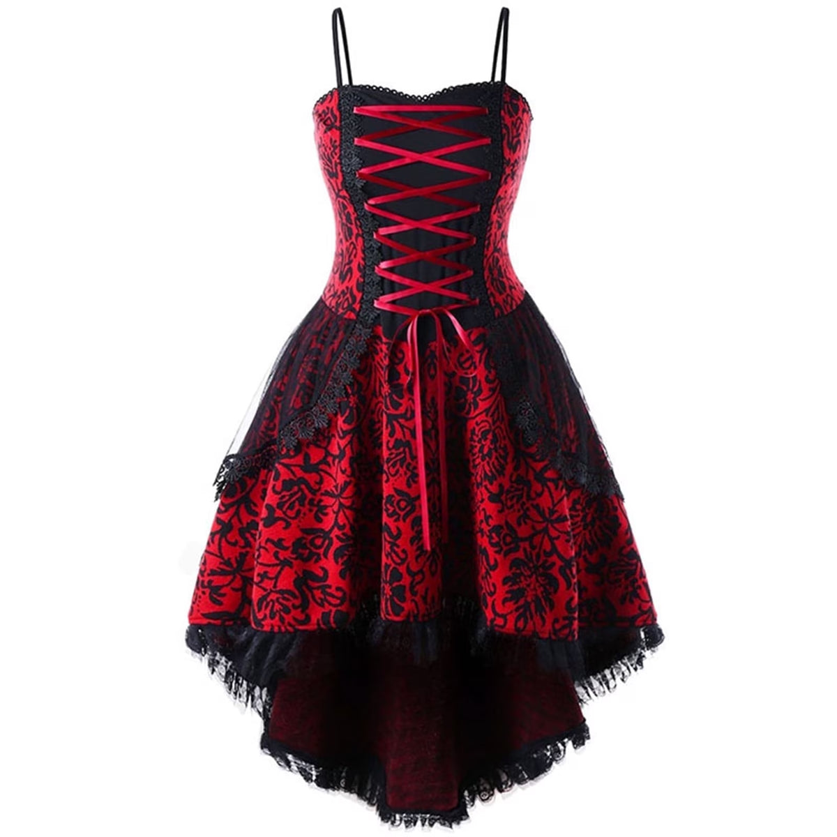 Gothic Corset Dress - Sleeveless Lace Trim, Black