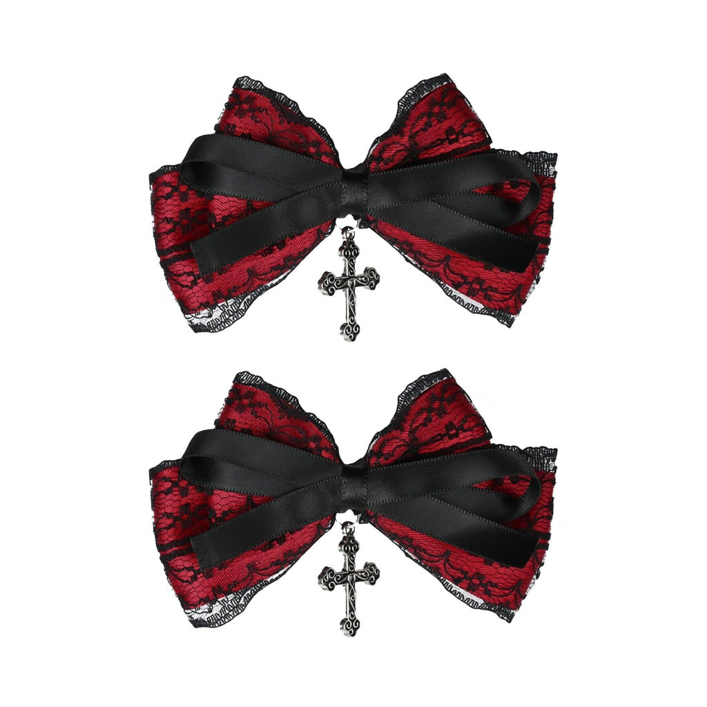 Gothic Black Lace and Red Bow Hair Clips with Cross, 2 Piece