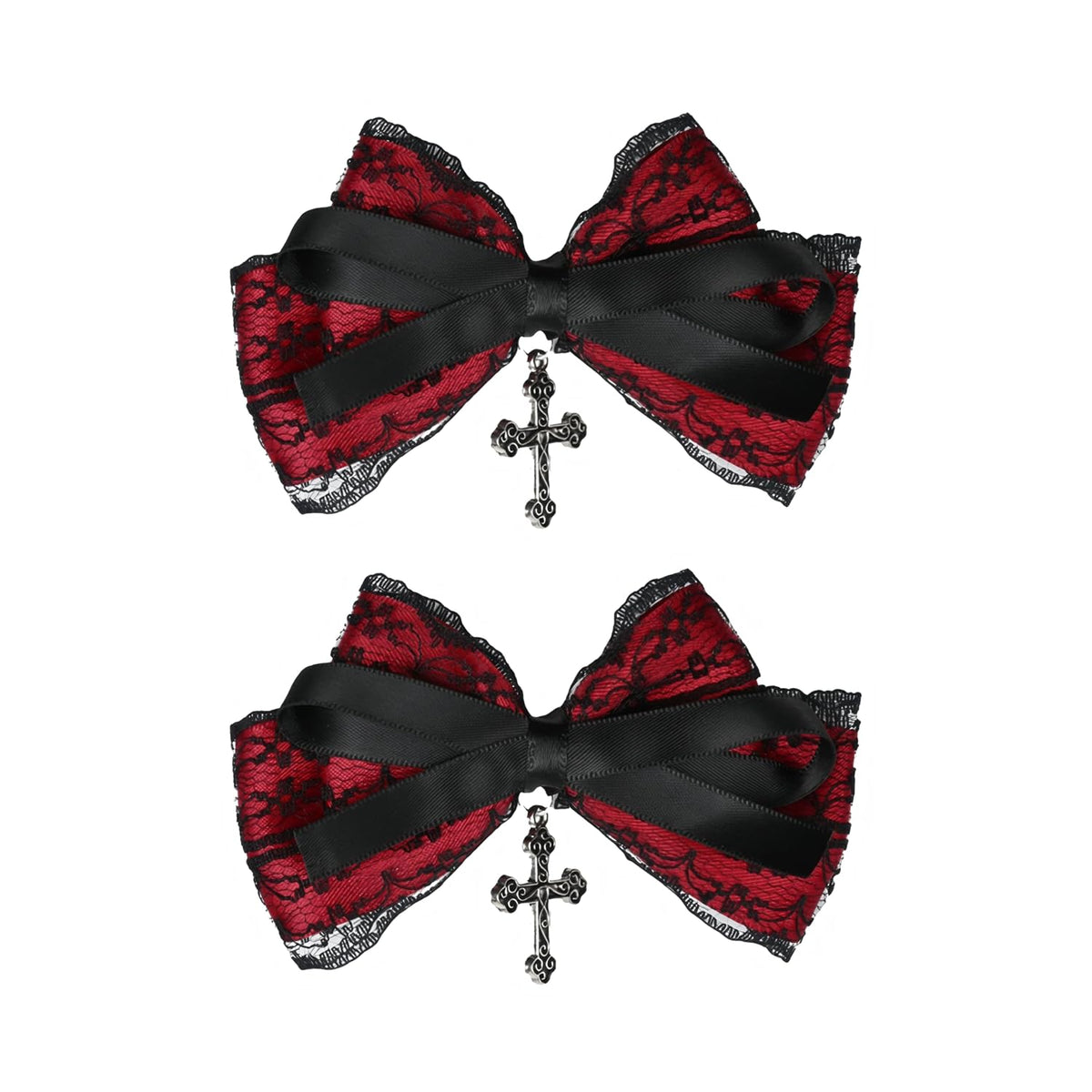 Gothic Black Lace and Red Bow Hair Clips with Cross, 2 Piece