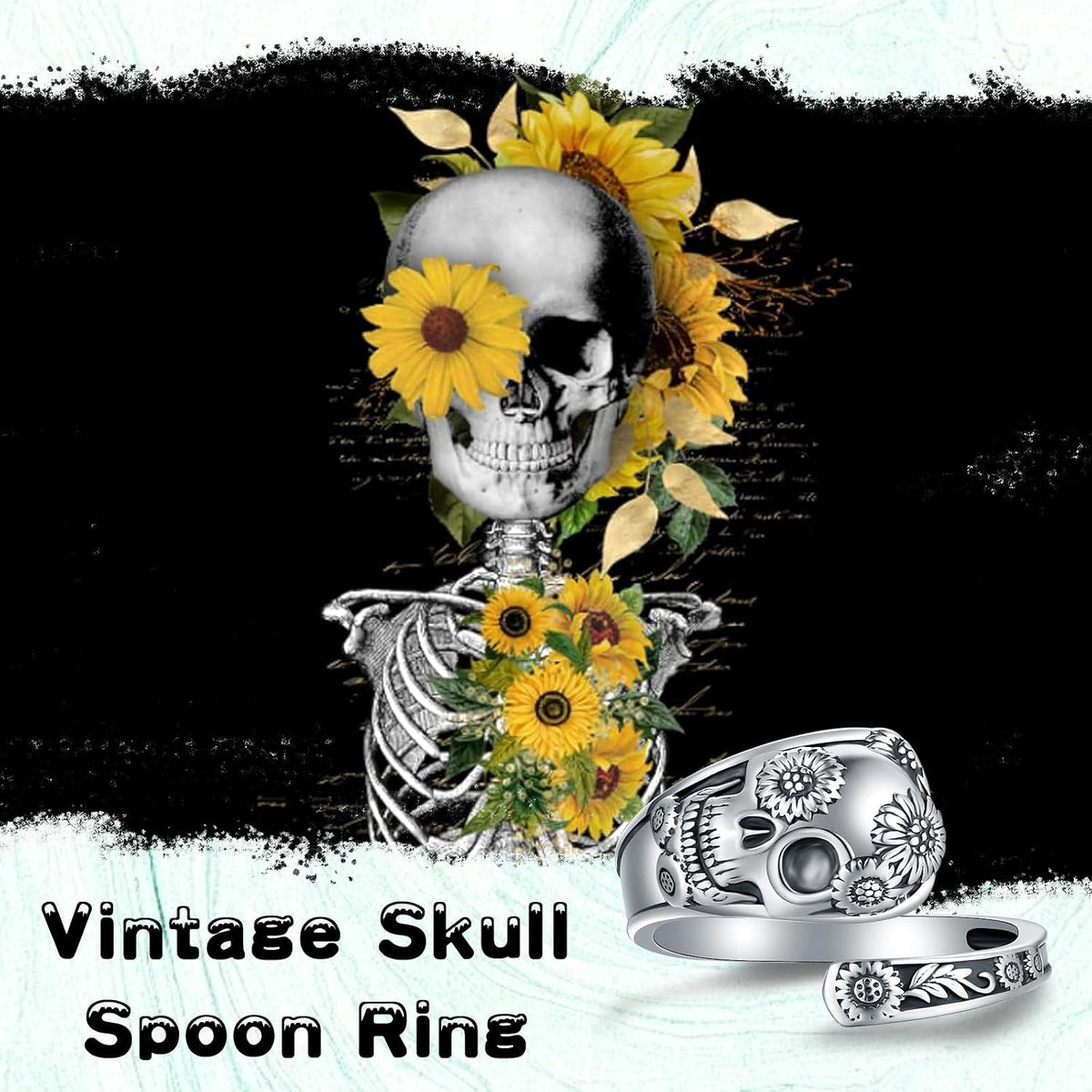 Sterling Silver Gothic Skull Spoon Ring