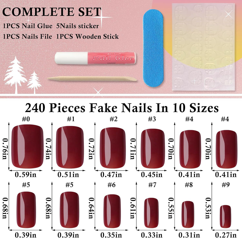 Dark Red Short Square Press-On Nails