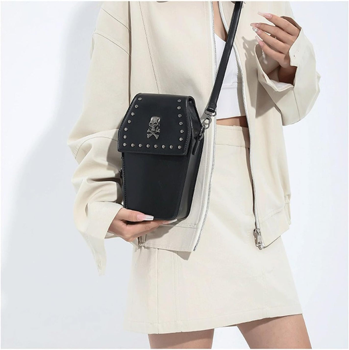 Coffin Crossbody Purse - Black, Skull Print